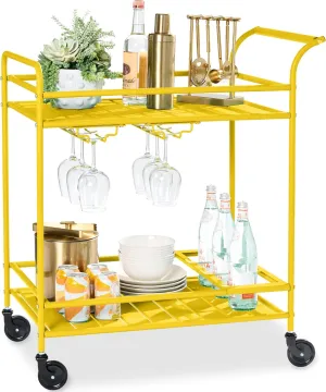 Best Choice Products Outdoor Mobile Patio Bar Cart, Home Bar Serving Cart, BBQ Side Table w/ 2 Tier Storage, Wine Rack, Lockable Wheels - Yellow