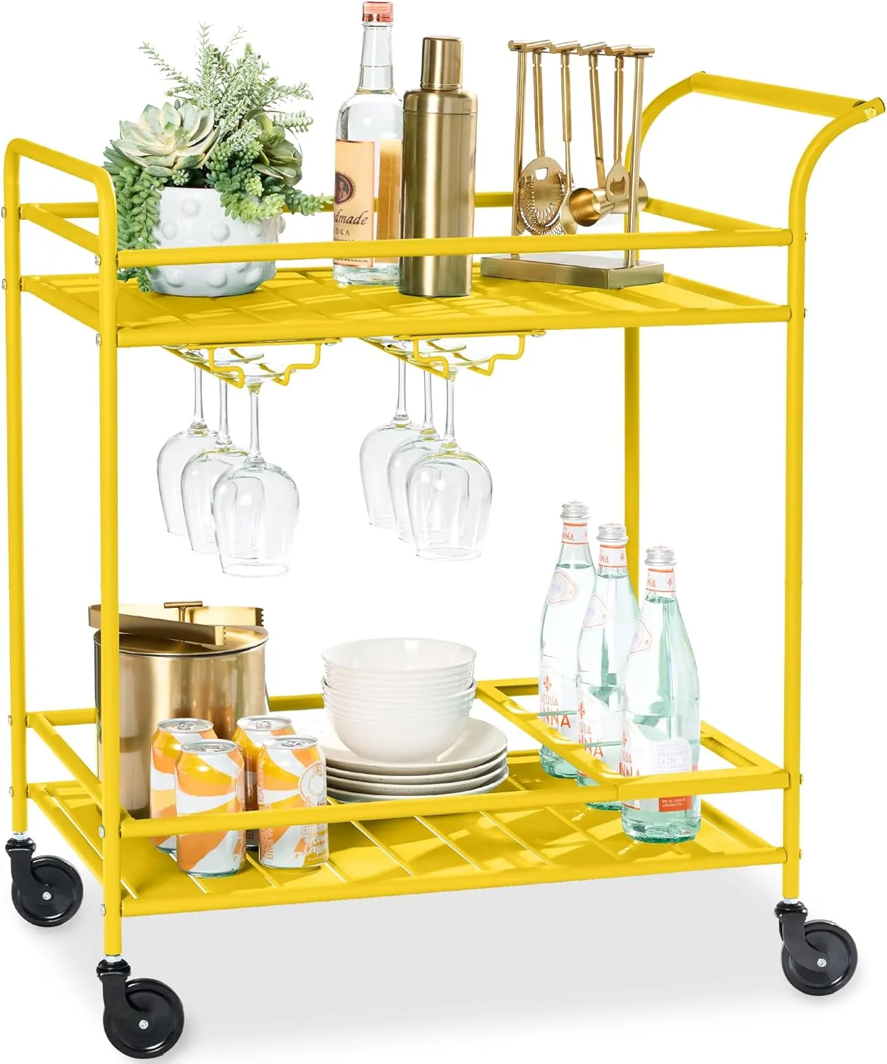Best Choice Products Outdoor Mobile Patio Bar Cart, Home Bar Serving Cart, BBQ Side Table w/ 2 Tier Storage, Wine Rack, Lockable Wheels - Yellow