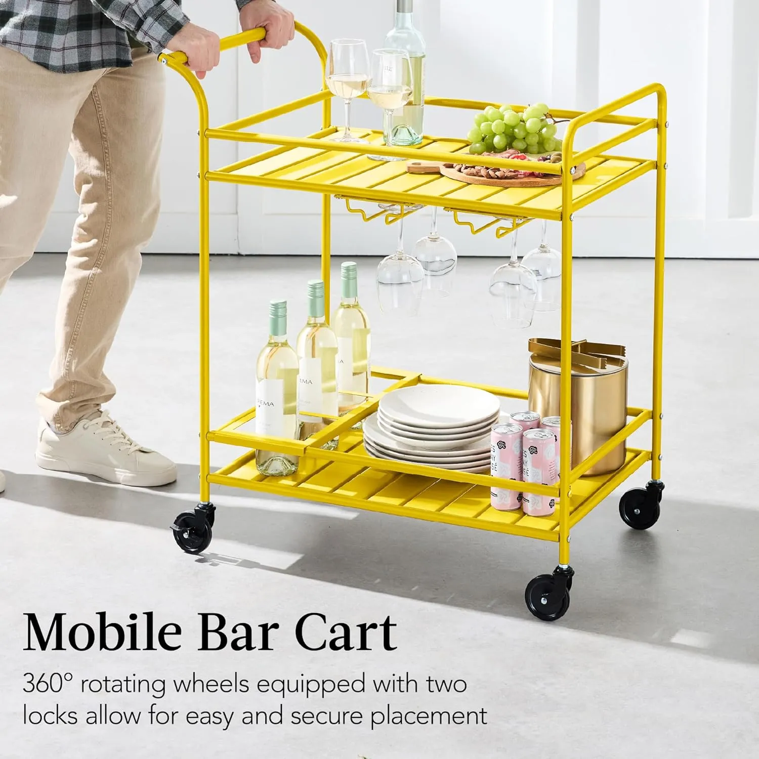 Best Choice Products Outdoor Mobile Patio Bar Cart, Home Bar Serving Cart, BBQ Side Table w/ 2 Tier Storage, Wine Rack, Lockable Wheels - Yellow
