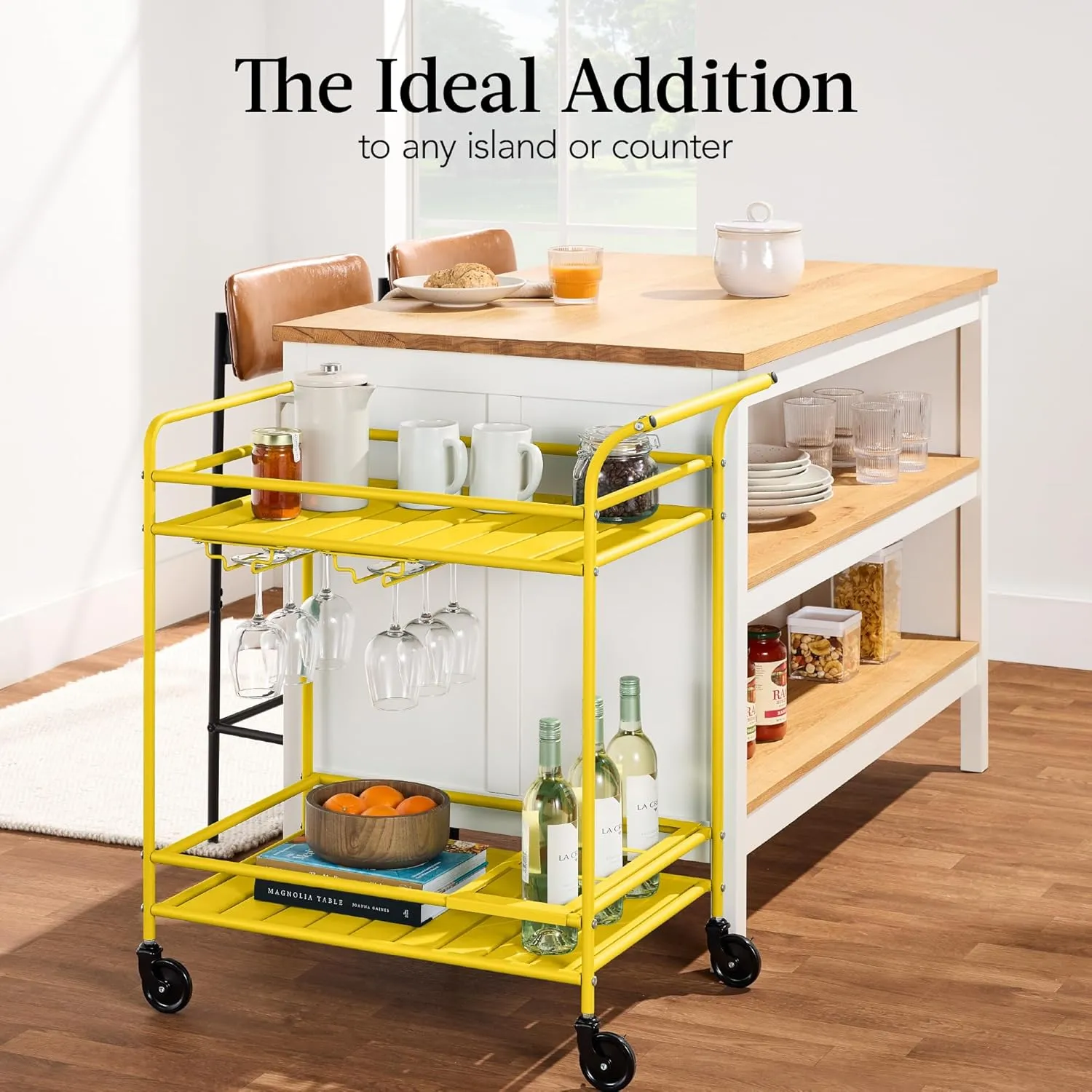 Best Choice Products Outdoor Mobile Patio Bar Cart, Home Bar Serving Cart, BBQ Side Table w/ 2 Tier Storage, Wine Rack, Lockable Wheels - Yellow