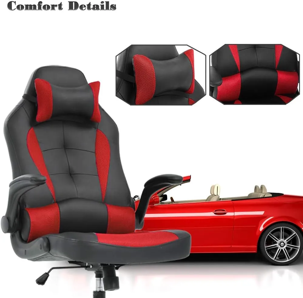 BestOffice PC Gaming Chair Ergonomic Office Chair Desk Chair with Lumbar Support Flip Up Arms Headrest PU Leather Executive High Back Computer Chair for Adults Women Men (Red)