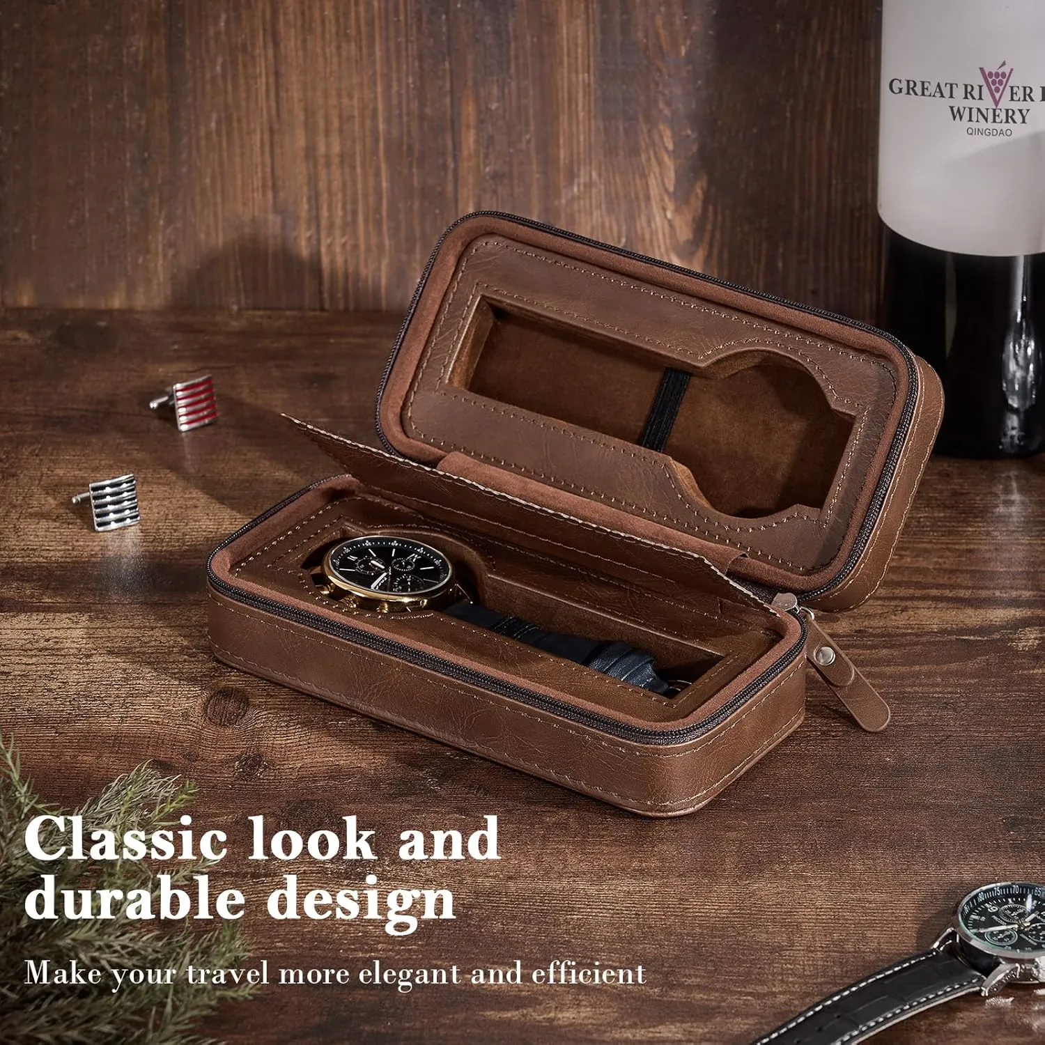 BEWISHOME Watch Travel Case for Men 2 Slot, Portable Watch Boxes for Storage, Brown Travel Watch Case Fits Wrist Watches & Smart Watches, SSH92Z