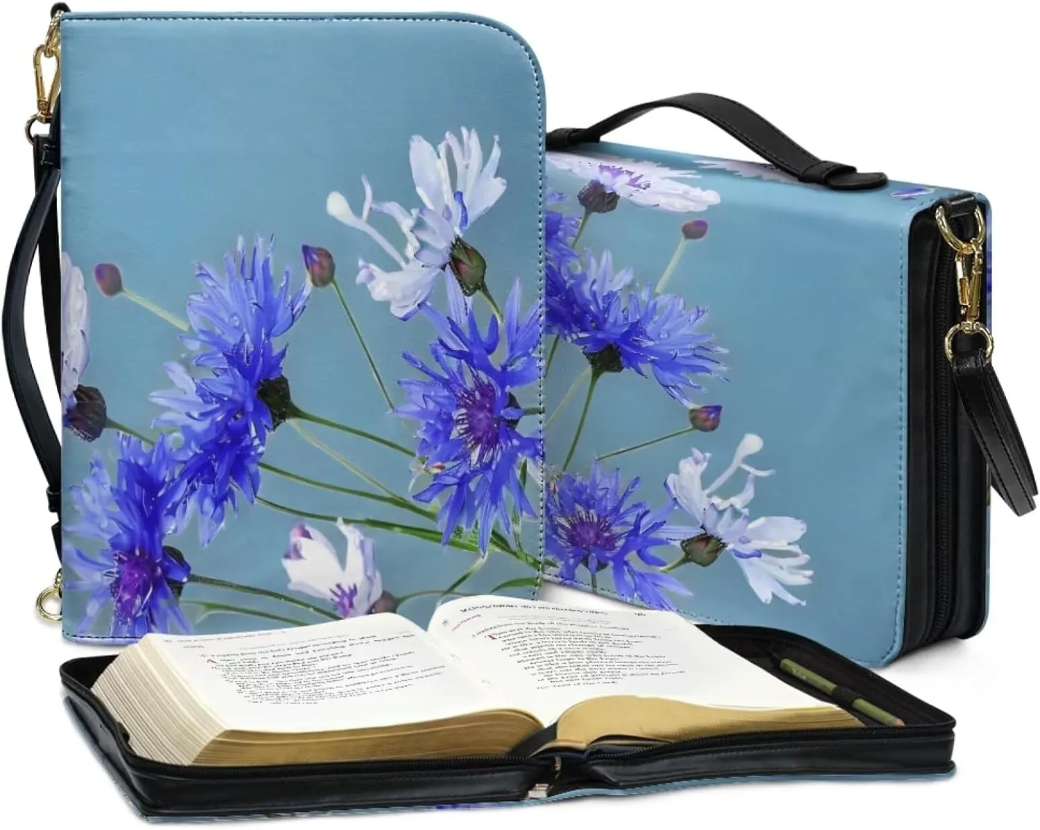 Bible Carrying Case with Detachable Shoulder Strap PU Leather Bible Covers for Women Carrying Bible Protector Waterproof Christian Book Bag,Blue Floral,M