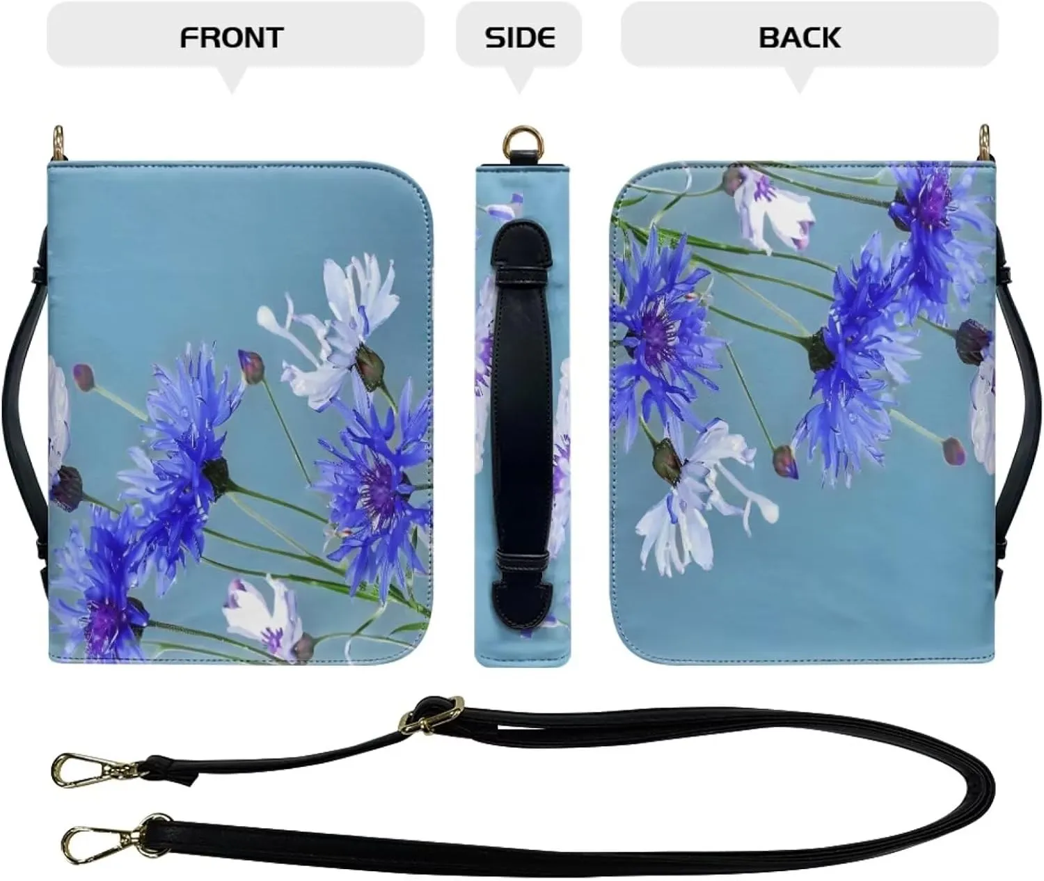 Bible Carrying Case with Detachable Shoulder Strap PU Leather Bible Covers for Women Carrying Bible Protector Waterproof Christian Book Bag,Blue Floral,M