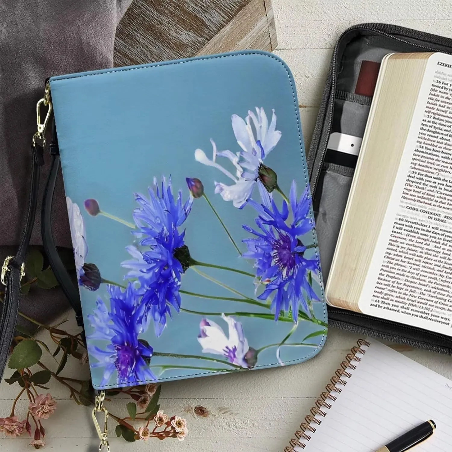 Bible Carrying Case with Detachable Shoulder Strap PU Leather Bible Covers for Women Carrying Bible Protector Waterproof Christian Book Bag,Blue Floral,M