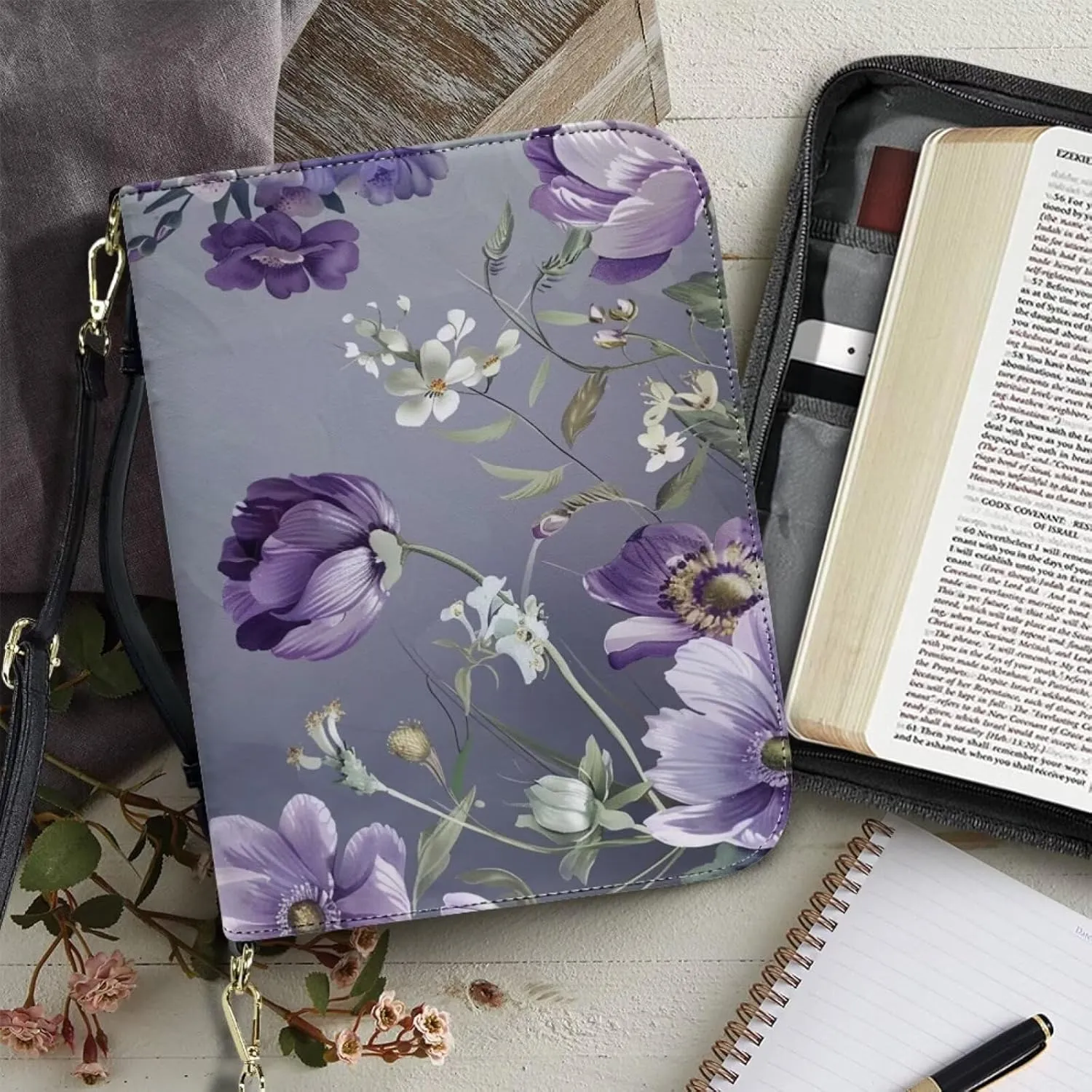 Bible Case Covers PU Leather Bible Carrying Holder with Adjustable Shoulder Strap Study Bible Case for Women Girls Crossbody Bag,Floral,M