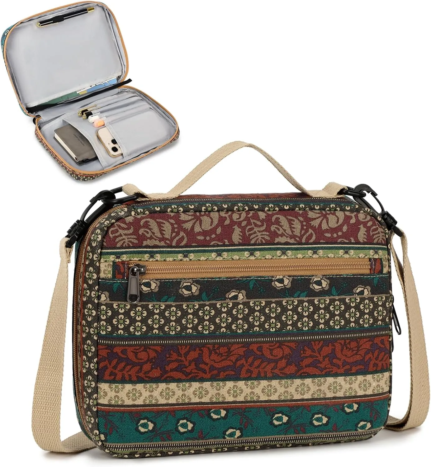 Bible Case for Women, Bible Covers Bible Carrying Book Case for Women Girls with Detachable Shoulder Strap and Durable Handle, Bible Gift Bible Protective Bag with Multi-Pockets, Bohemian