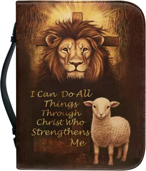 Bible Case for Women Cross Bible Cover Lion Bible Carrying Bag Faux Leather Church Bag with Handles Study Bible Books Accessories Lion and Lamb Cross Scripture Verse Medium 9x6