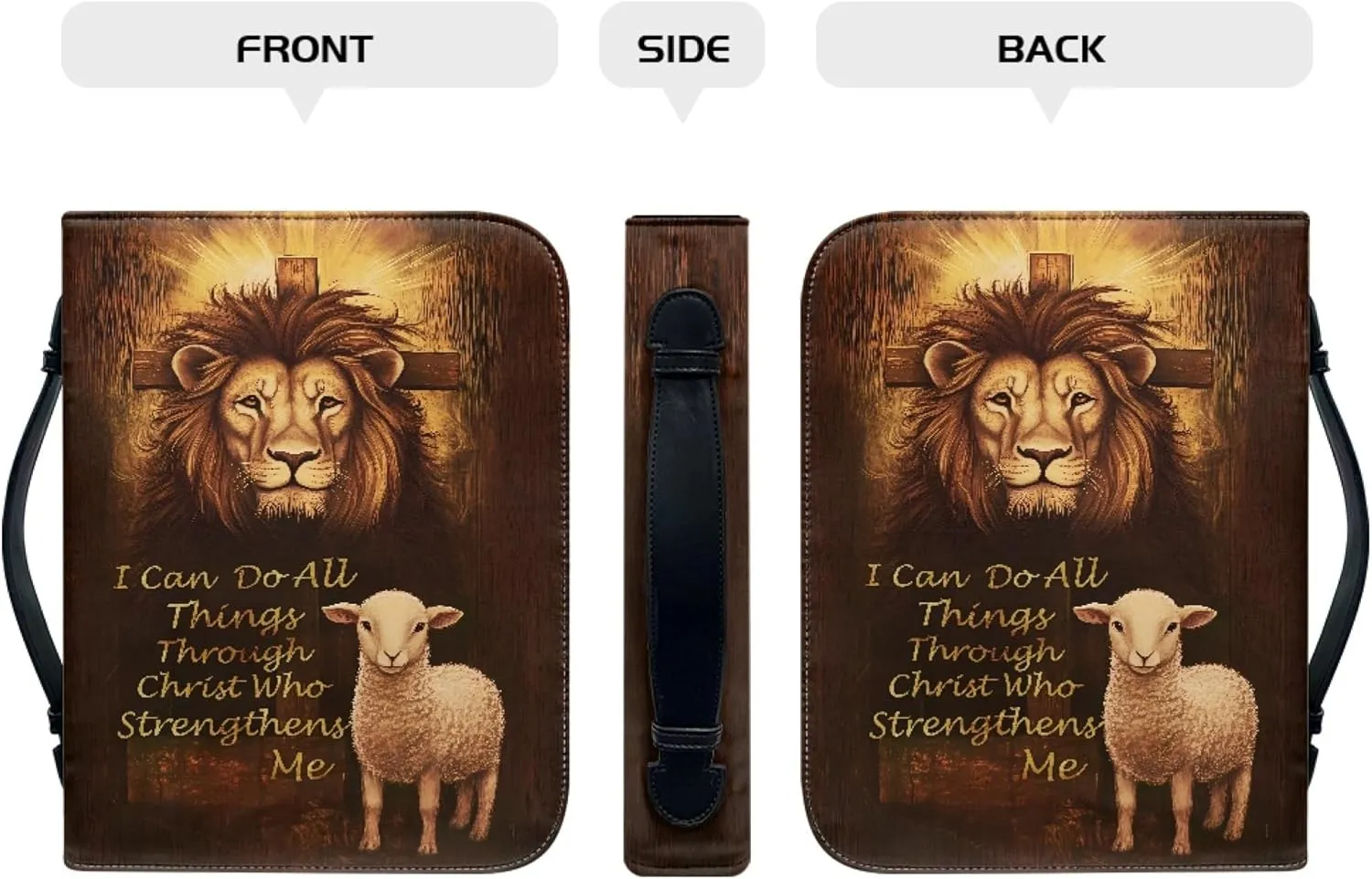 Bible Case for Women Cross Bible Cover Lion Bible Carrying Bag Faux Leather Church Bag with Handles Study Bible Books Accessories Lion and Lamb Cross Scripture Verse Medium 9x6