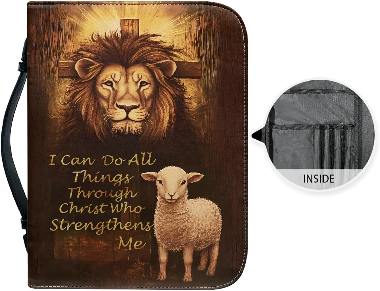 Bible Case for Women Cross Bible Cover Lion Bible Carrying Bag Faux Leather Church Bag with Handles Study Bible Books Accessories Lion and Lamb Cross Scripture Verse Medium 9x6