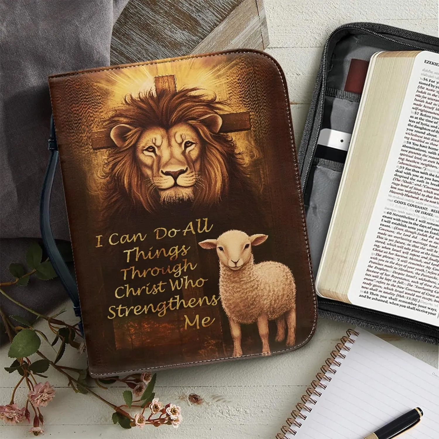 Bible Case for Women Cross Bible Cover Lion Bible Carrying Bag Faux Leather Church Bag with Handles Study Bible Books Accessories Lion and Lamb Cross Scripture Verse Medium 9x6