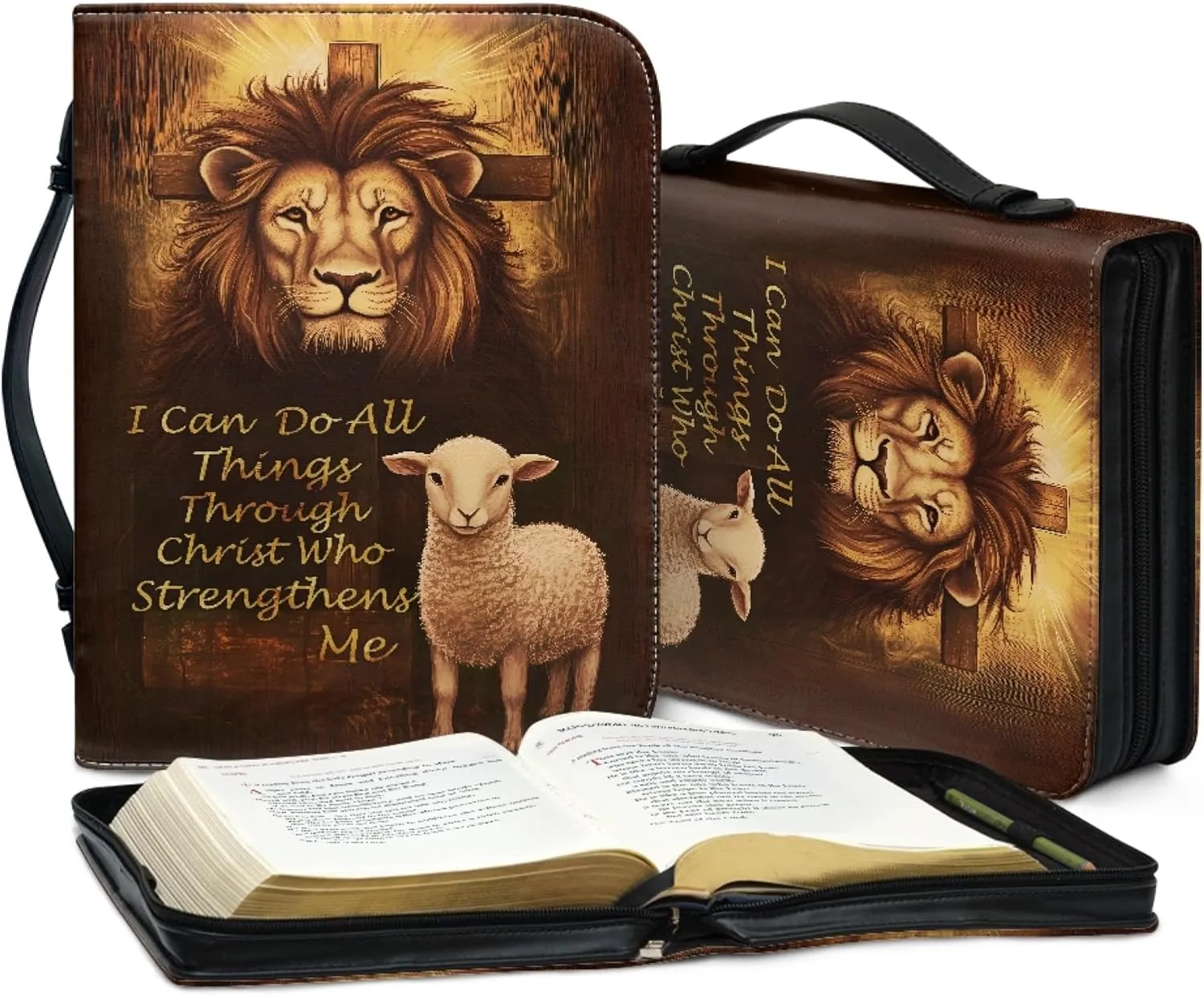 Bible Case for Women Cross Bible Cover Lion Bible Carrying Bag Faux Leather Church Bag with Handles Study Bible Books Accessories Lion and Lamb Cross Scripture Verse Medium 9x6