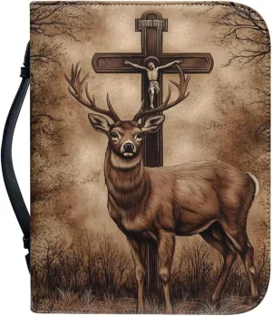 Bible Case Tote Bag Study Bag Leather Bible Cover with Top Handle, Waterproof Bible Carrying Case for Men,Deer and Cross,XL