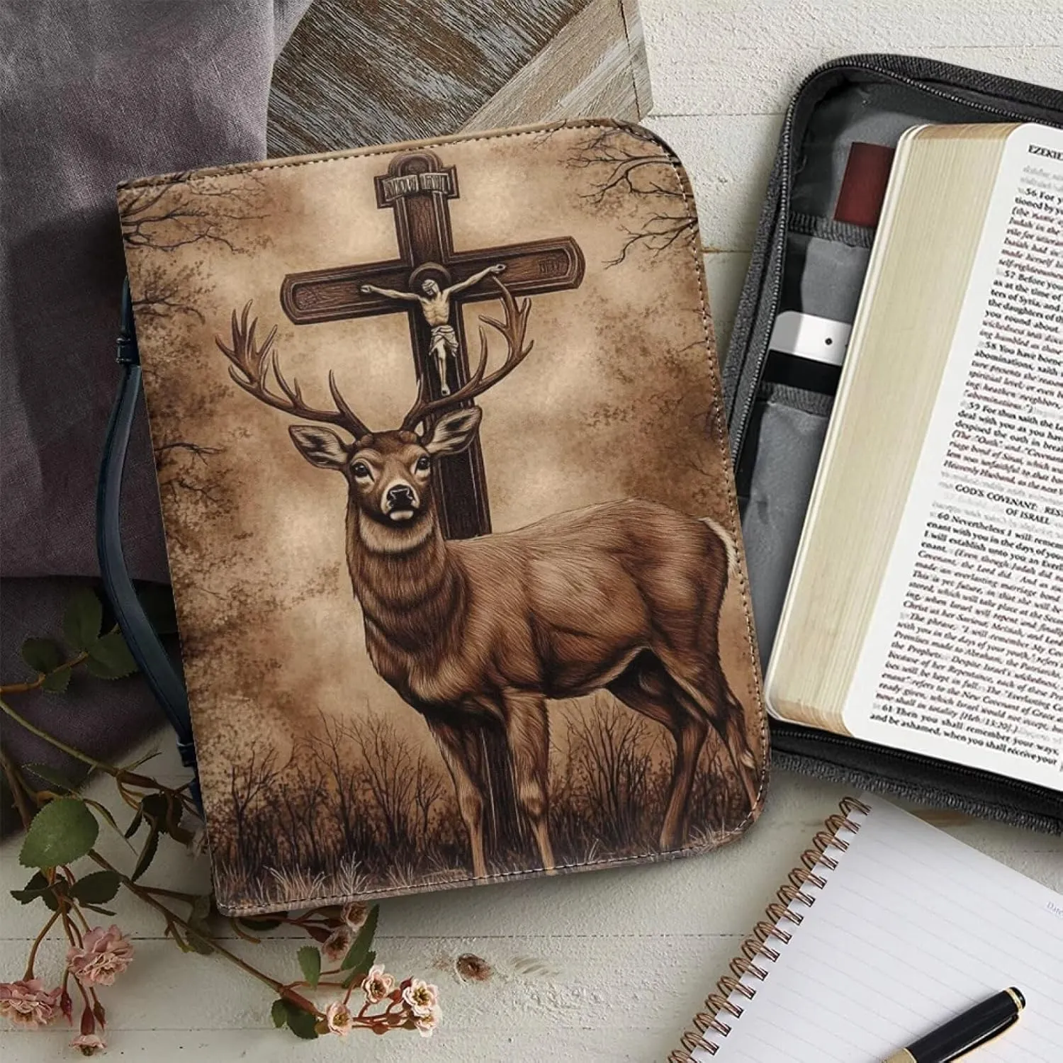 Bible Case Tote Bag Study Bag Leather Bible Cover with Top Handle, Waterproof Bible Carrying Case for Men,Deer and Cross,XL