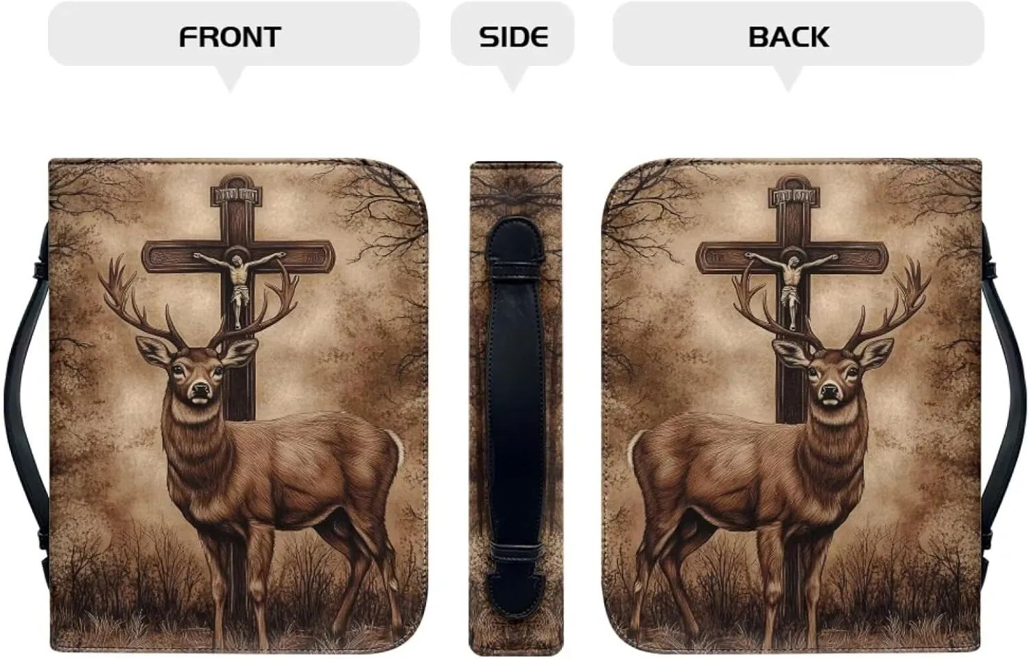 Bible Case Tote Bag Study Bag Leather Bible Cover with Top Handle, Waterproof Bible Carrying Case for Men,Deer and Cross,XL