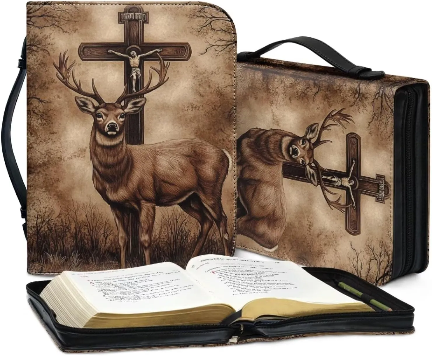 Bible Case Tote Bag Study Bag Leather Bible Cover with Top Handle, Waterproof Bible Carrying Case for Men,Deer and Cross,XL