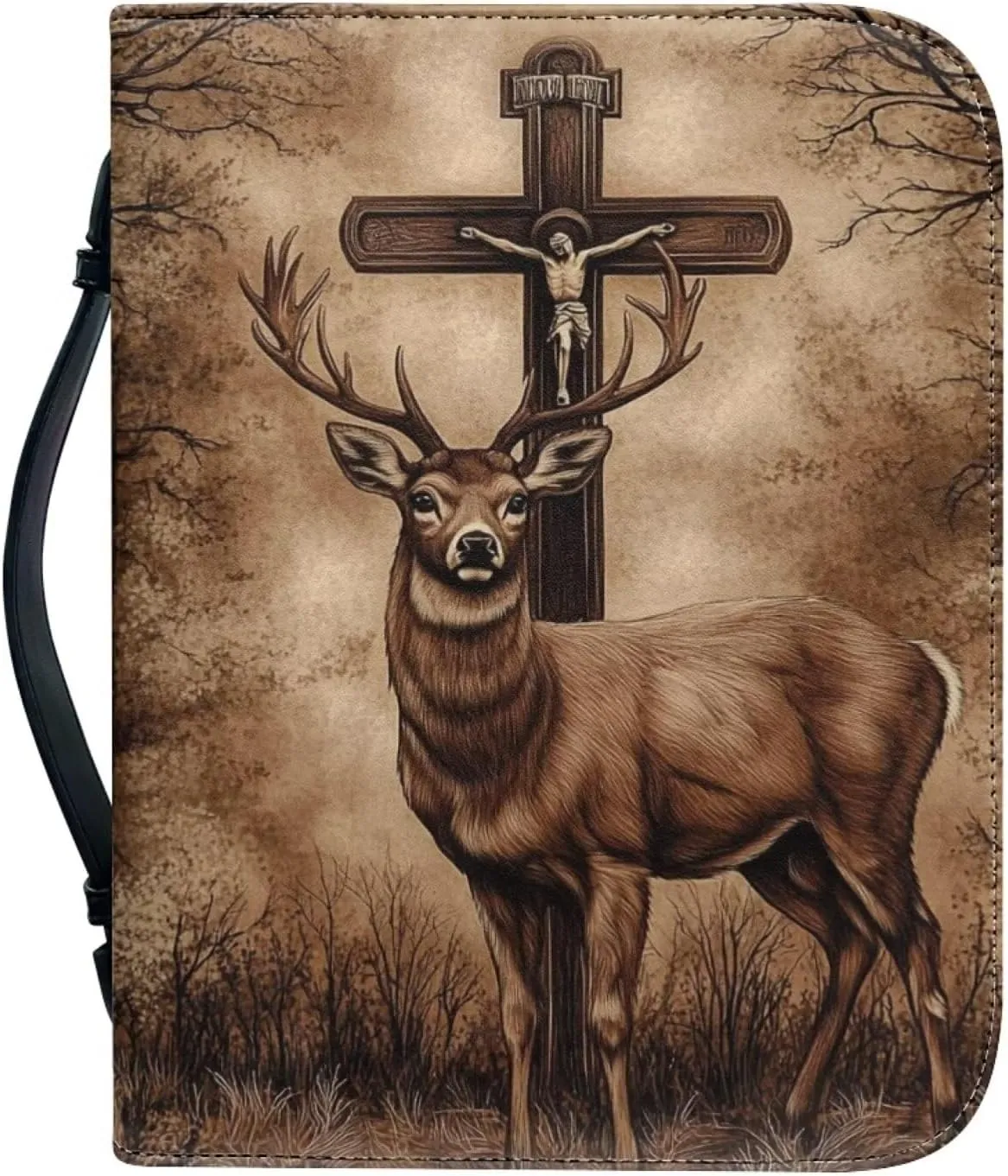 Bible Case Tote Bag Study Bag Leather Bible Cover with Top Handle, Waterproof Bible Carrying Case for Men,Deer and Cross,XL