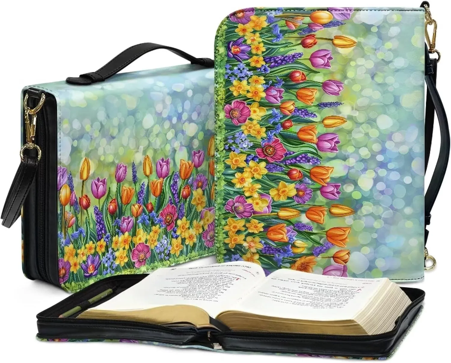 Bible Cover for Women Girls, Leather Bible Carrying Case with Strap, Lightweight Bible Tote Bag for School Church