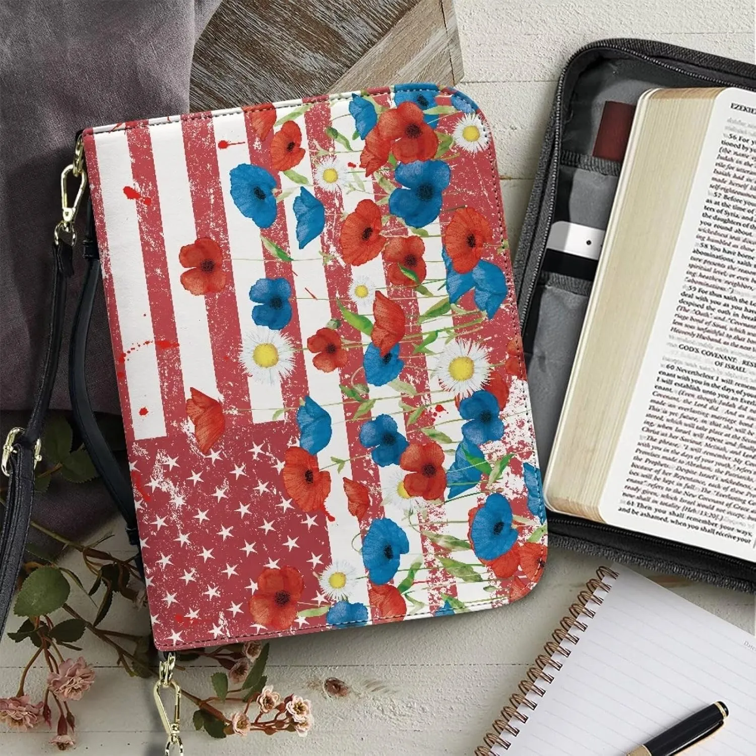 Bible Cover for Women Girls, Leather Bible Carrying Case with Strap, Lightweight Bible Tote Bag for School Church