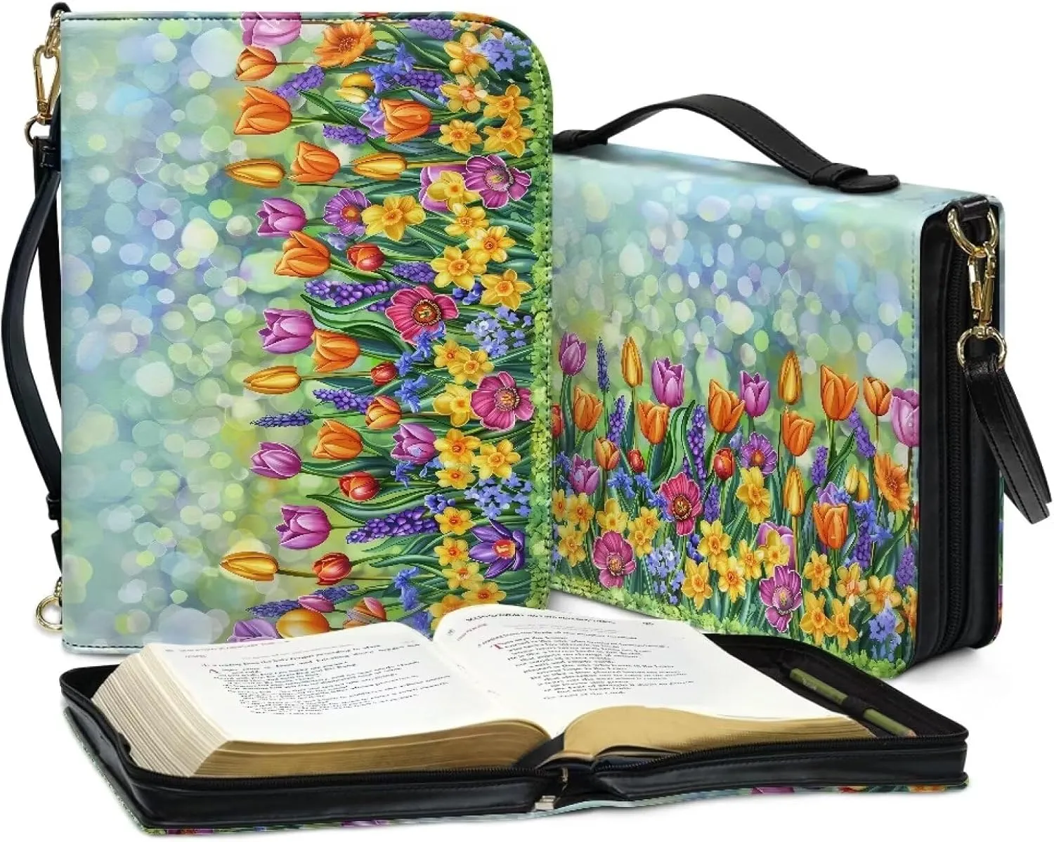 Bible Cover for Women Girls, Leather Bible Carrying Case with Strap, Lightweight Bible Tote Bag for School Church