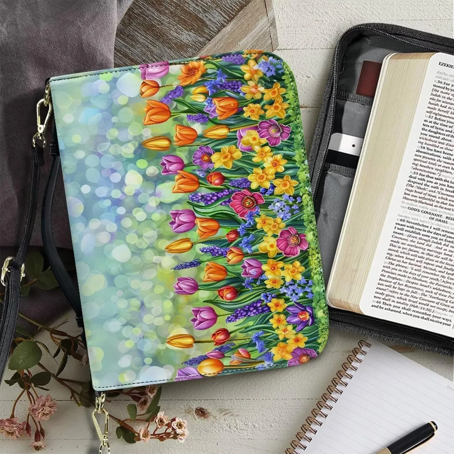 Bible Cover for Women Girls, Leather Bible Carrying Case with Strap, Lightweight Bible Tote Bag for School Church