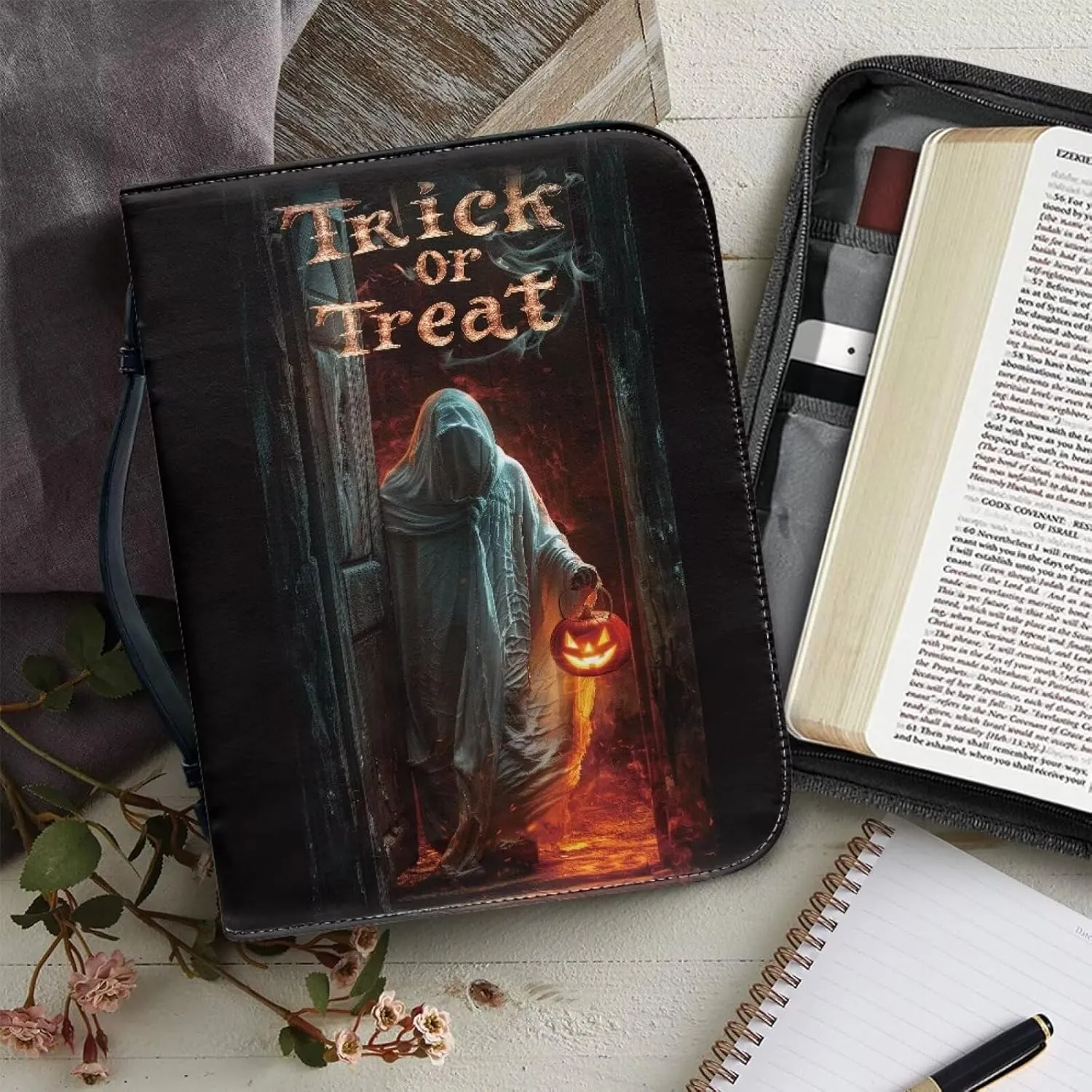 Bible Tote Cover for Men, Church Bag Bible Protective with Zippered Pocket, Waterproof Leather Bible Case for Worships,Halloween,M
