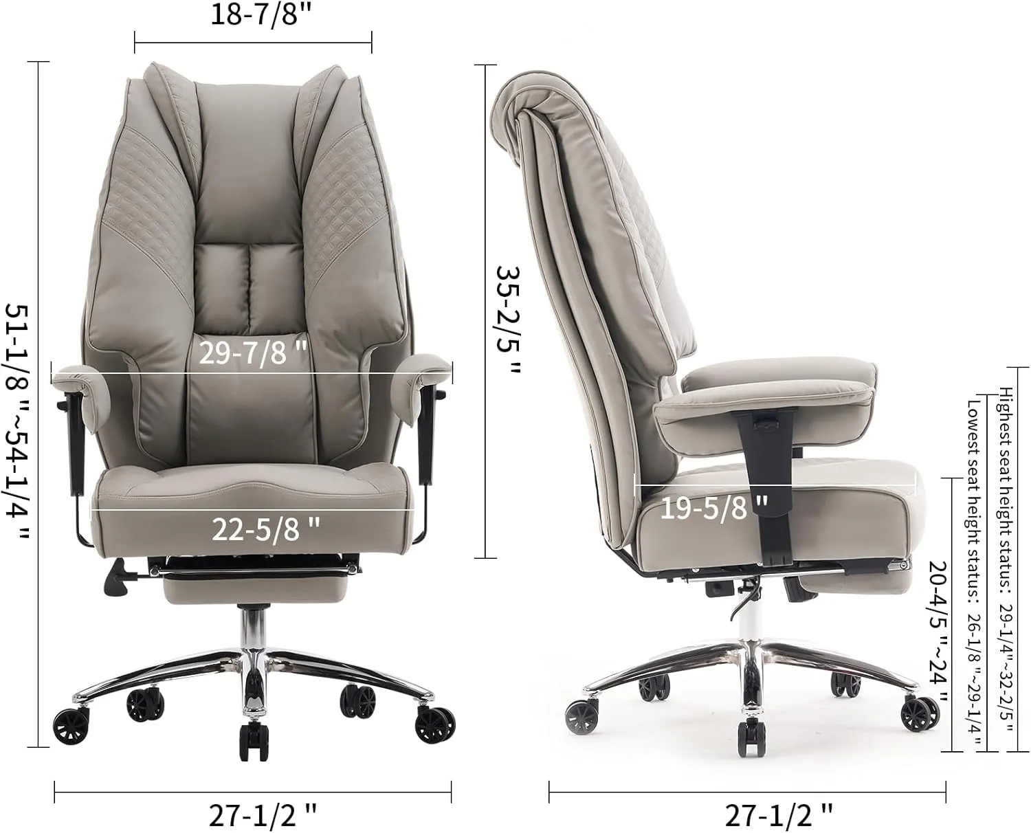 Big and Tall Office Chair 400lbs Wide Seat, Leather High Back Executive Office Chair with Foot Rest, Ergonomic Chairs Lumbar Support for Lower Back Pain Relief (Light Grey)