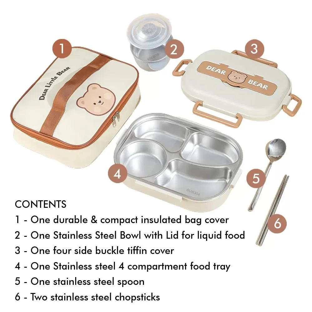 Big Size Stainless Steel Lunch Box /Tiffin with Insulated Matching Lunch Bag for Kids and Adults, Cream Brown Bear