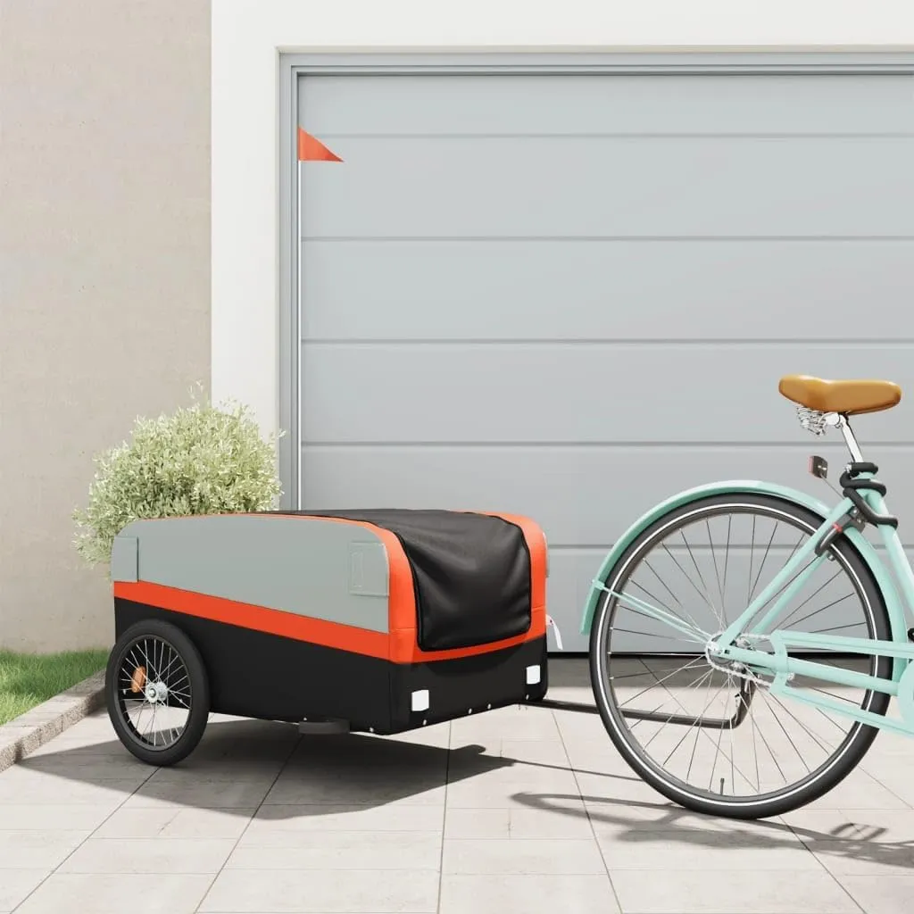 Bike Trailer for Heavy Goods Transport, Durable Iron Construction, Includes Safety Flag, Black and Orange