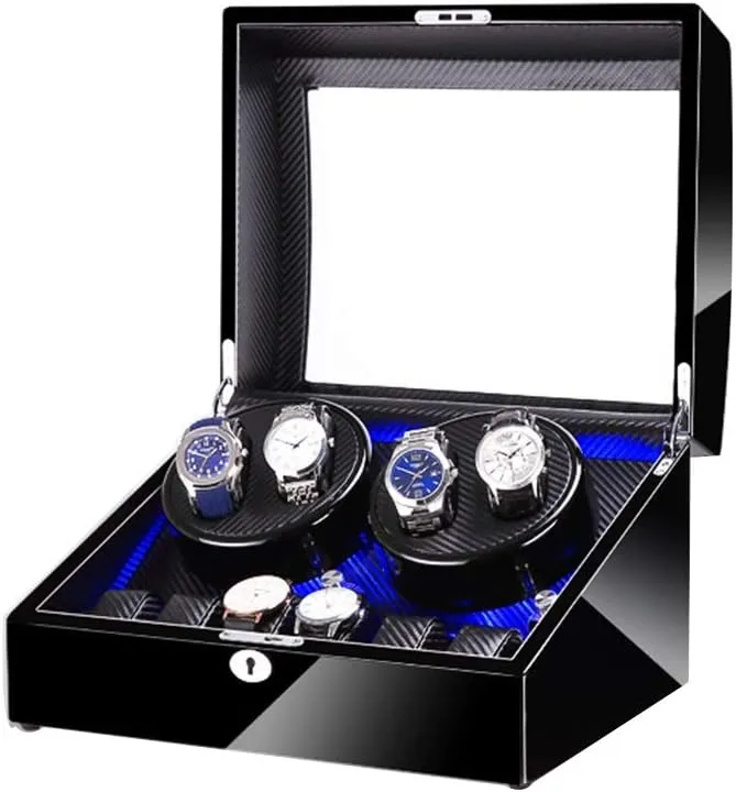 Black 4 6 Automatic Watch Winder Box，with LED Light, in Wood Shell and Leather, Piano Paint Exterior, Super Quiet Motor Watch Winder Display Watch Box Case Watch Storage D