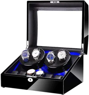 Black 4 6 Automatic Watch Winder Box，with LED Light, in Wood Shell and Leather, Piano Paint Exterior, Super Quiet Motor Watch Winder Display Watch Box Case Watch Storage D