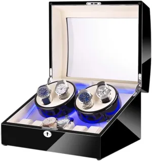 Black 4 6 Automatic Watch Winder Box,with Led Light, in Wood Shell and Leather, Piano Paint Exterior, Super Quiet Motor,E