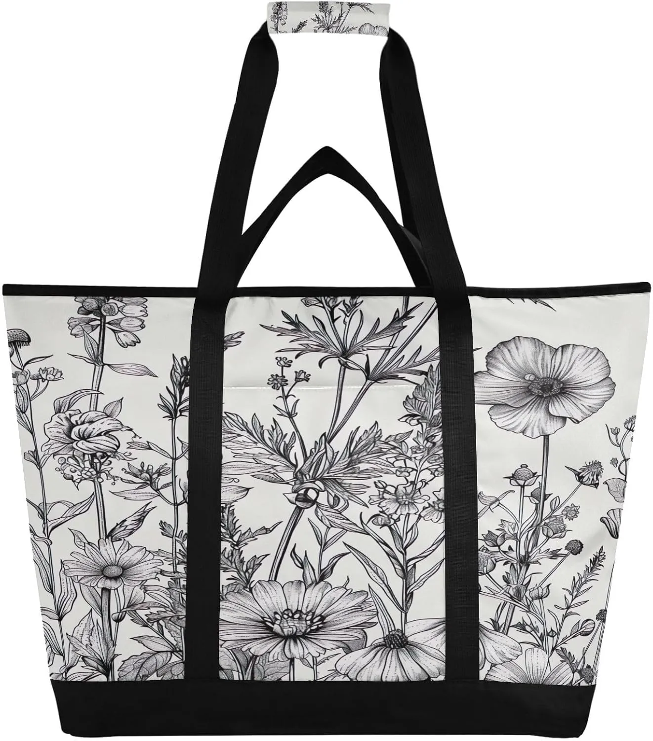 Black and White Flowers Reusable Insulated Lunchbox Cooler Bag, Leakproof Kitchen Grocery Bag Collapsible Portable Cooler Tote Bag for Picnic, Camping, Office, Travel