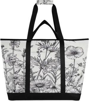 Black and White Flowers Reusable Insulated Lunchbox Cooler Bag, Leakproof Kitchen Grocery Bag Collapsible Portable Cooler Tote Bag for Picnic, Camping, Office, Travel