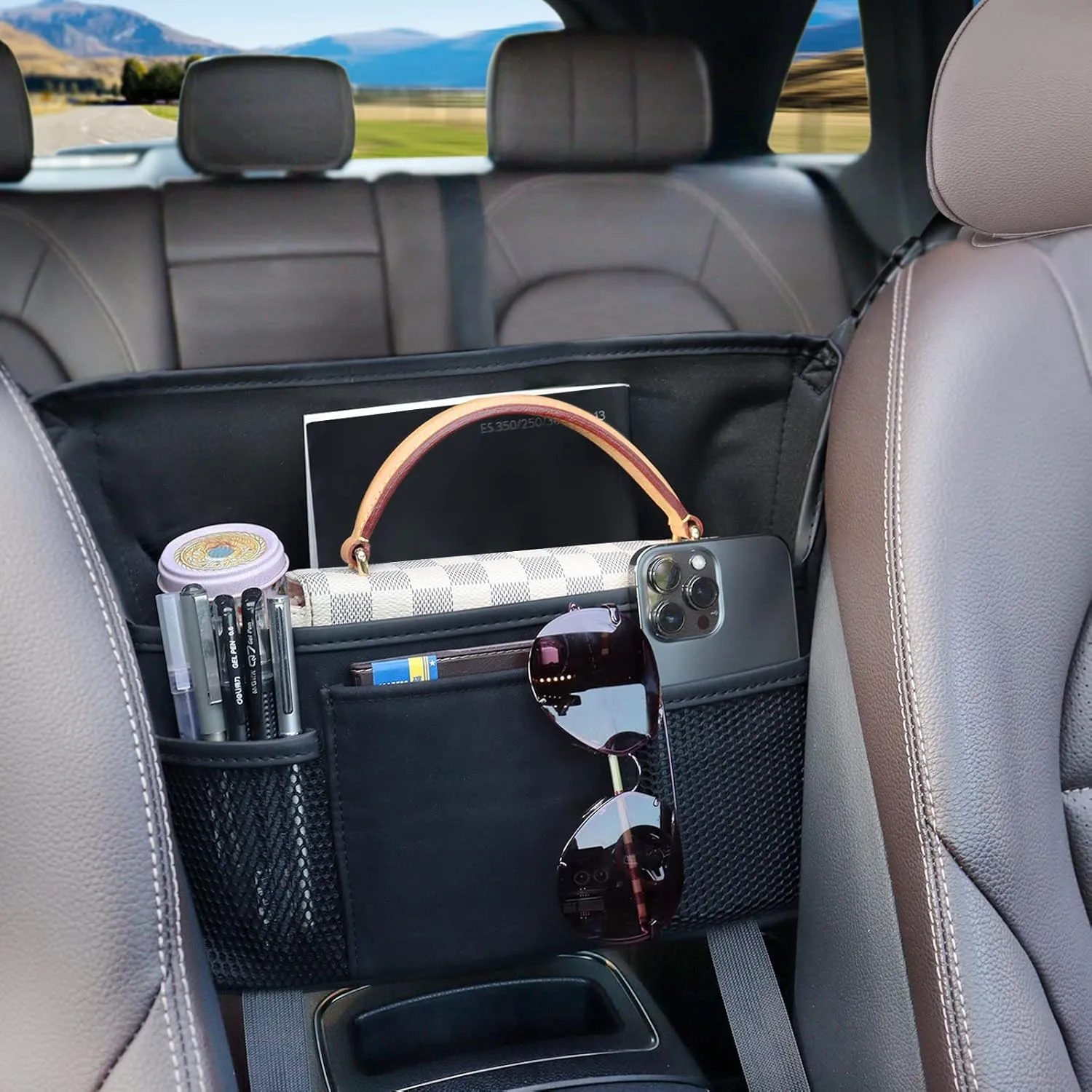 Black Car Handbag Holder Between Seats Suede Car Storage Large Capacity 7 Compartment Purse Phone Ipad Automotive Consoles Organizer Safe Barrier of Pet Kids…
