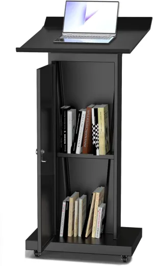 Black Metal Podium Stand with Locking Wheels – 50.4" Tall Lectern with Slanted Desktop & Large Storage – Modern Black Pulpit for Church, Classroom, Conference, and Presentation Use