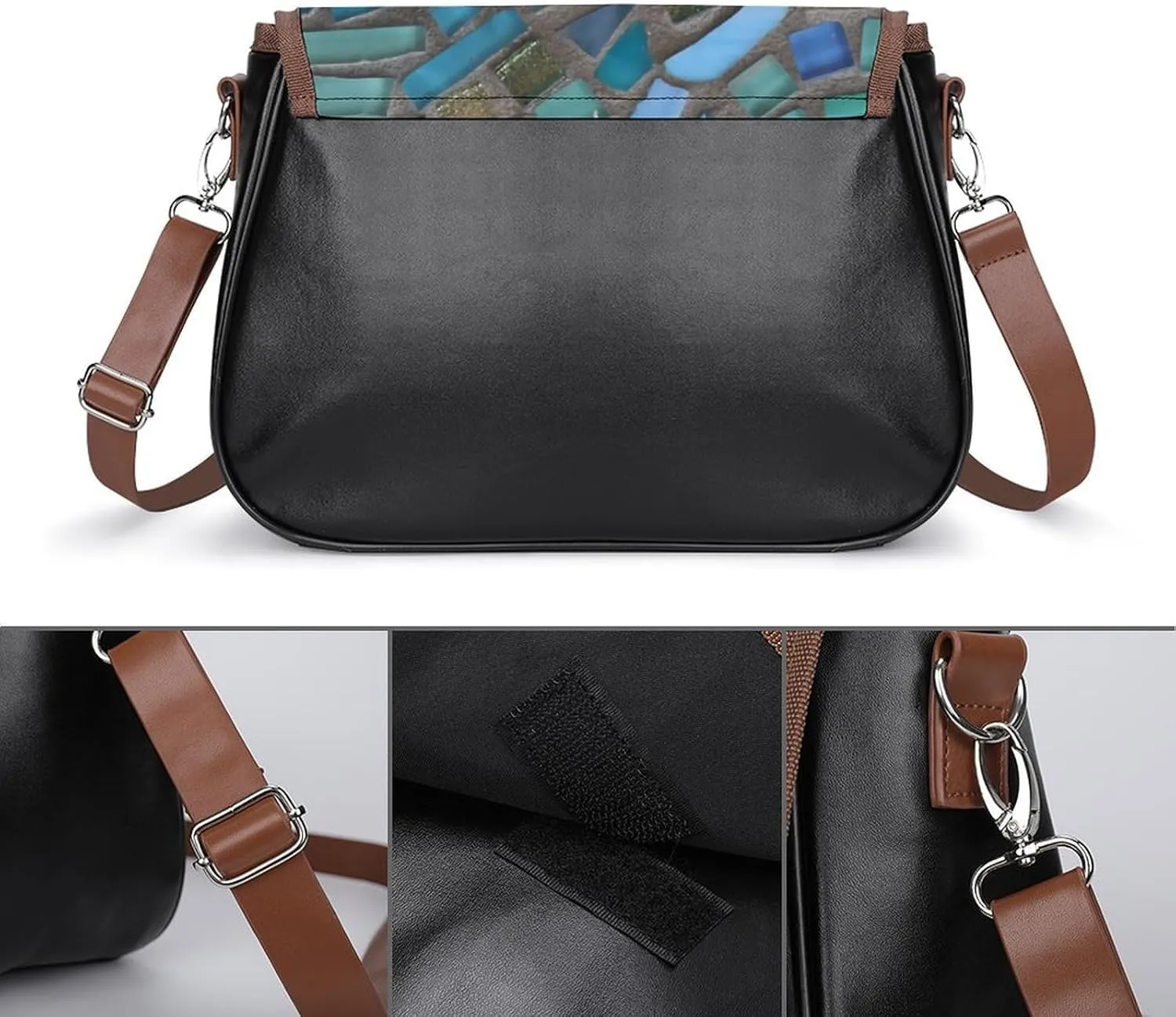Black Watch Tartan Leather Decorative Crossbody Strap Backpack, Large Capacity Shoulder Bag