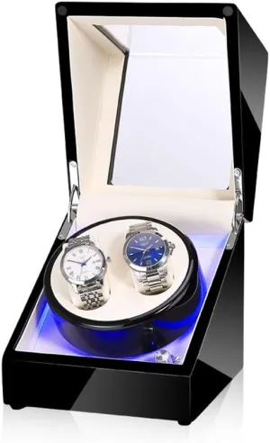 Black Watch Winder Box for Double Automatic Watches, Automatic Winder Case, with Blue LED Light, Super Quiet Motor Watch Winder Display Watch Box Case Watch Storage E