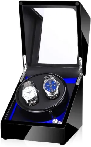 Black Watch Winder Box for Double Automatic Watches, Automatic Winder Case, with Blue LED Light, Super Quiet Motor Watch Winder Display Watch Box Watch Storage Gift