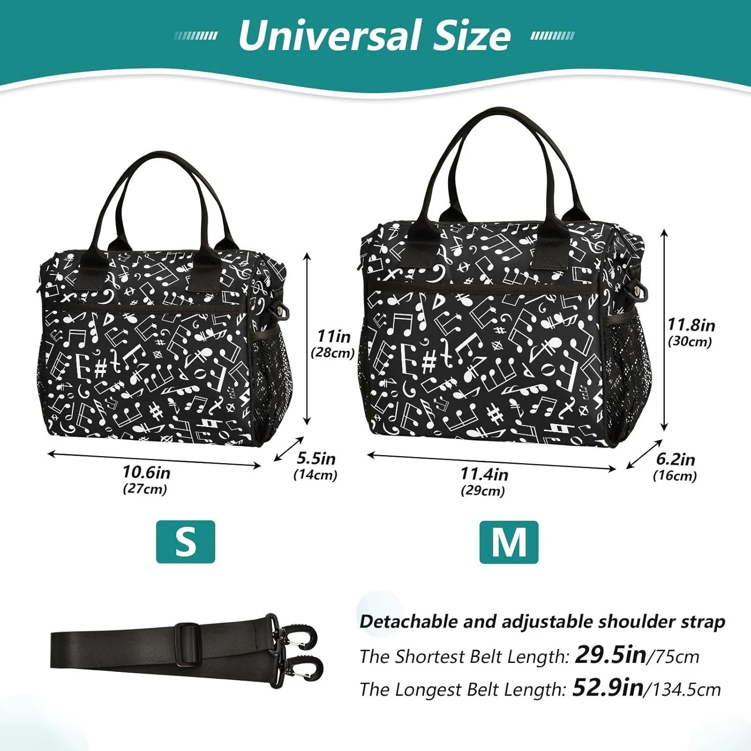 Black-white-musical-notation-pattern Insulated Cooler Lunch Bag for Women Men, Reusable Lunch box with Adjustable Shoulder Belt for Office Travel Picnic,S, Small