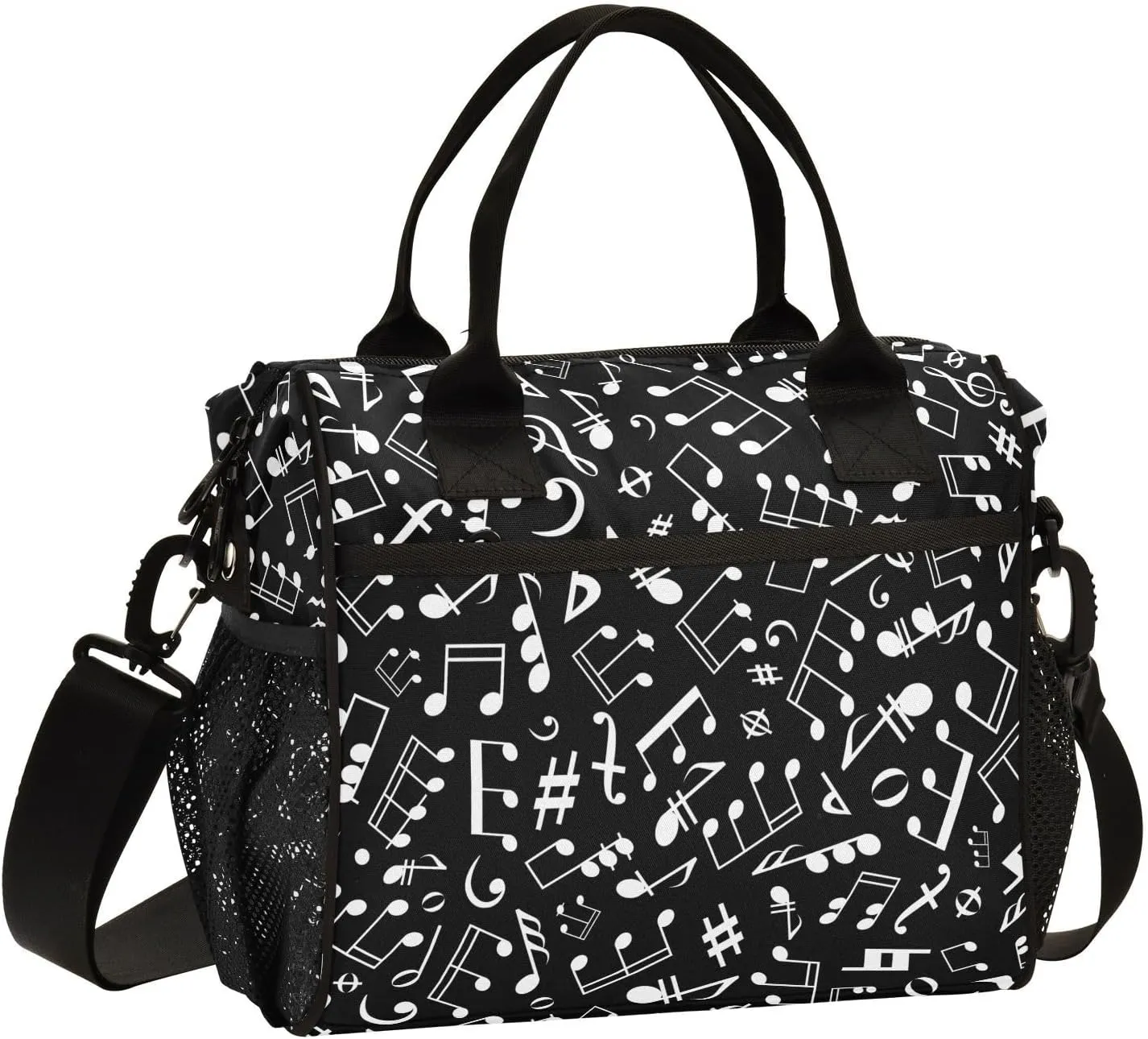 Black-white-musical-notation-pattern Insulated Cooler Lunch Bag for Women Men, Reusable Lunch box with Adjustable Shoulder Belt for Office Travel Picnic,S, Small