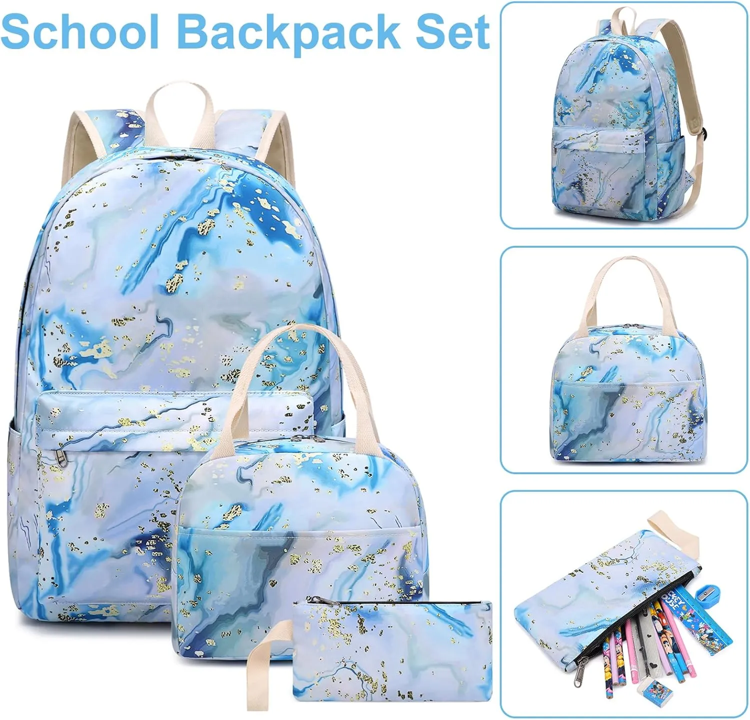 Bluboon Teen Girls School Backpack Kids Bookbag Set with Lunch Box Pencil Case Travel Laptop Backpack Casual Daypacks