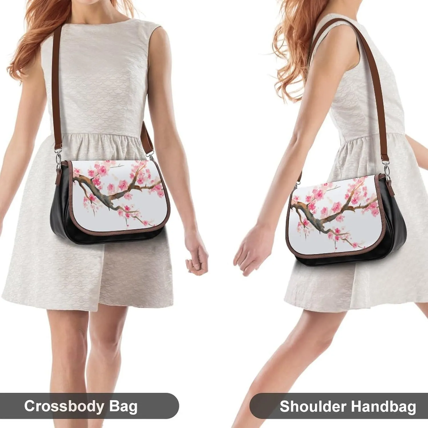 Blue And White Floral Toile Leather Shoulder Bag with Detachable Shoulder Strap Versatile for Daily Use
