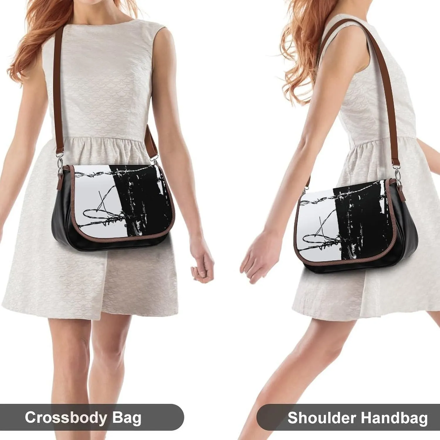 Blue And White Floral Toile Leather Shoulder Bag with Detachable Shoulder Strap Versatile for Daily Use