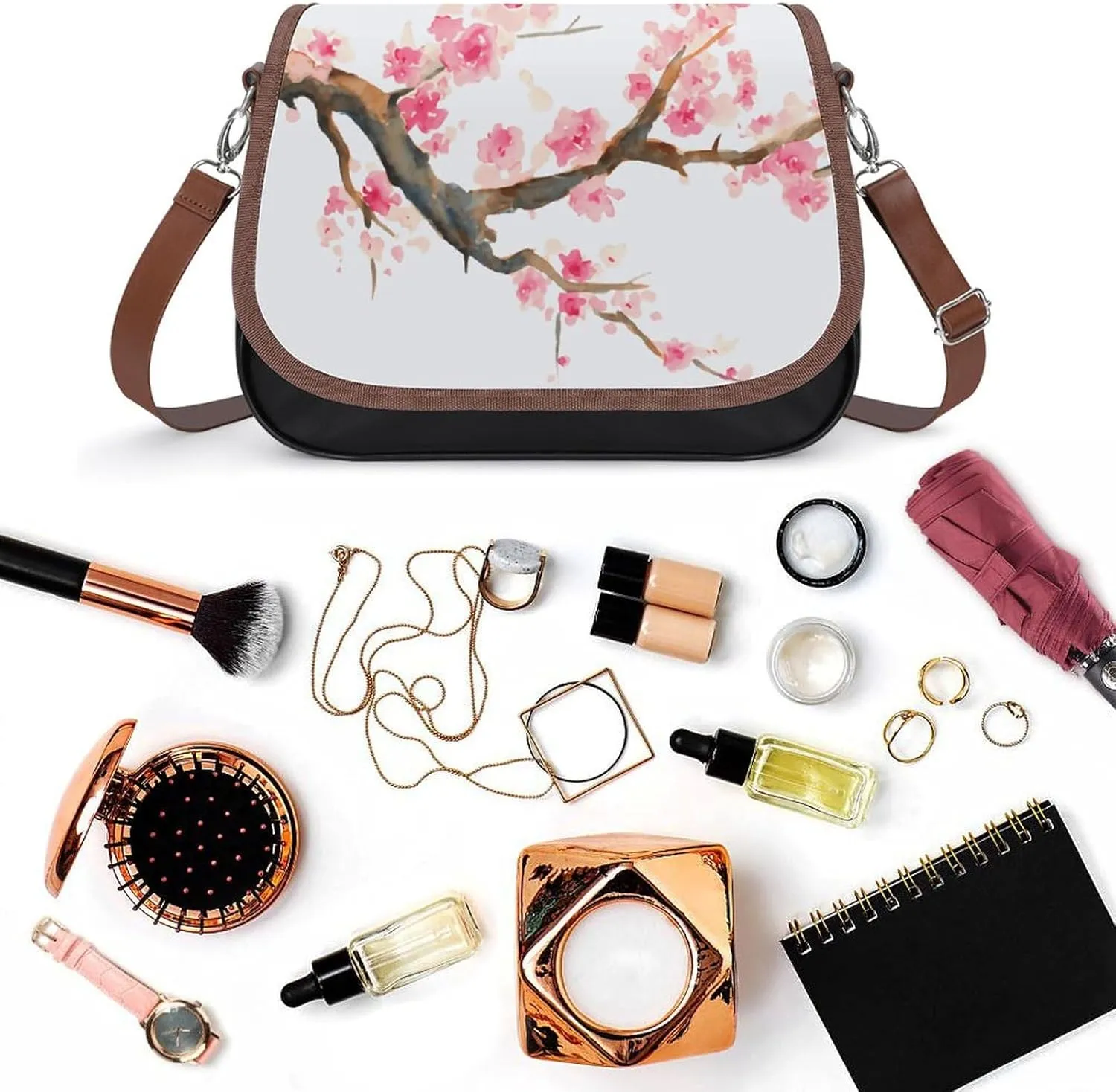 Blue And White Floral Toile Leather Shoulder Bag with Detachable Shoulder Strap Versatile for Daily Use