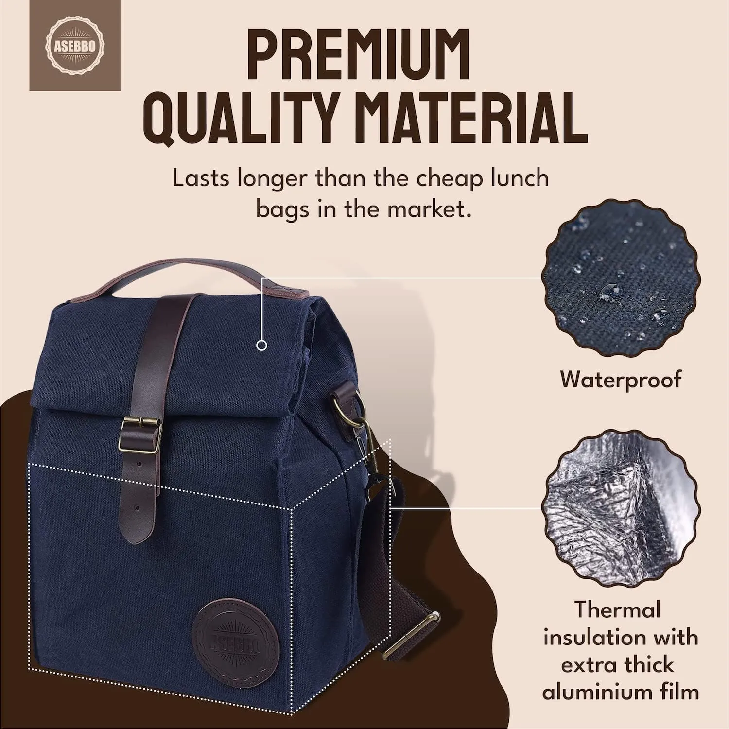 Blue Lunch Bag – Insulated Waterproof Lunch Box for Work, Picnic & Travel – Durable Medium-Size Canvas Lunch Bag for Women & Men – Leakproof & Stylish Dark Blue Lunchbox with Shoulder Strap