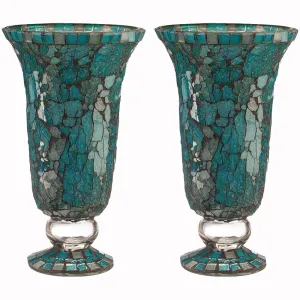 Blue Moon Glass Hurricane Candle Holder - Elegant Mosaic Table Decorations and Centerpieces for Dining/Living Room - Ideal Wedding Gift and Romantic Accent D?cor (Set of 2, Large)