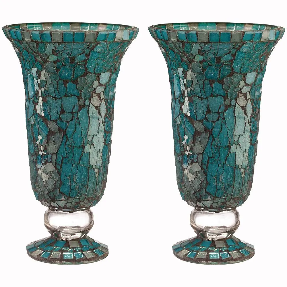 Blue Moon Glass Hurricane Candle Holder - Elegant Mosaic Table Decorations and Centerpieces for Dining/Living Room - Ideal Wedding Gift and Romantic Accent D?cor (Set of 2, Large)