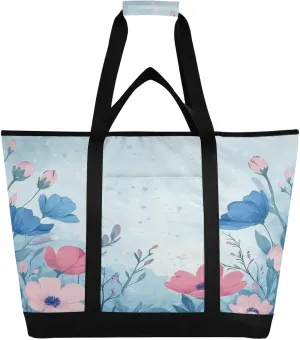 Blue Pink Flowers Reusable Insulated Lunchbox Cooler Bag, Leakproof Kitchen Grocery Bag Collapsible Portable Cooler Tote Bag for Picnic, Camping, Office, Travel