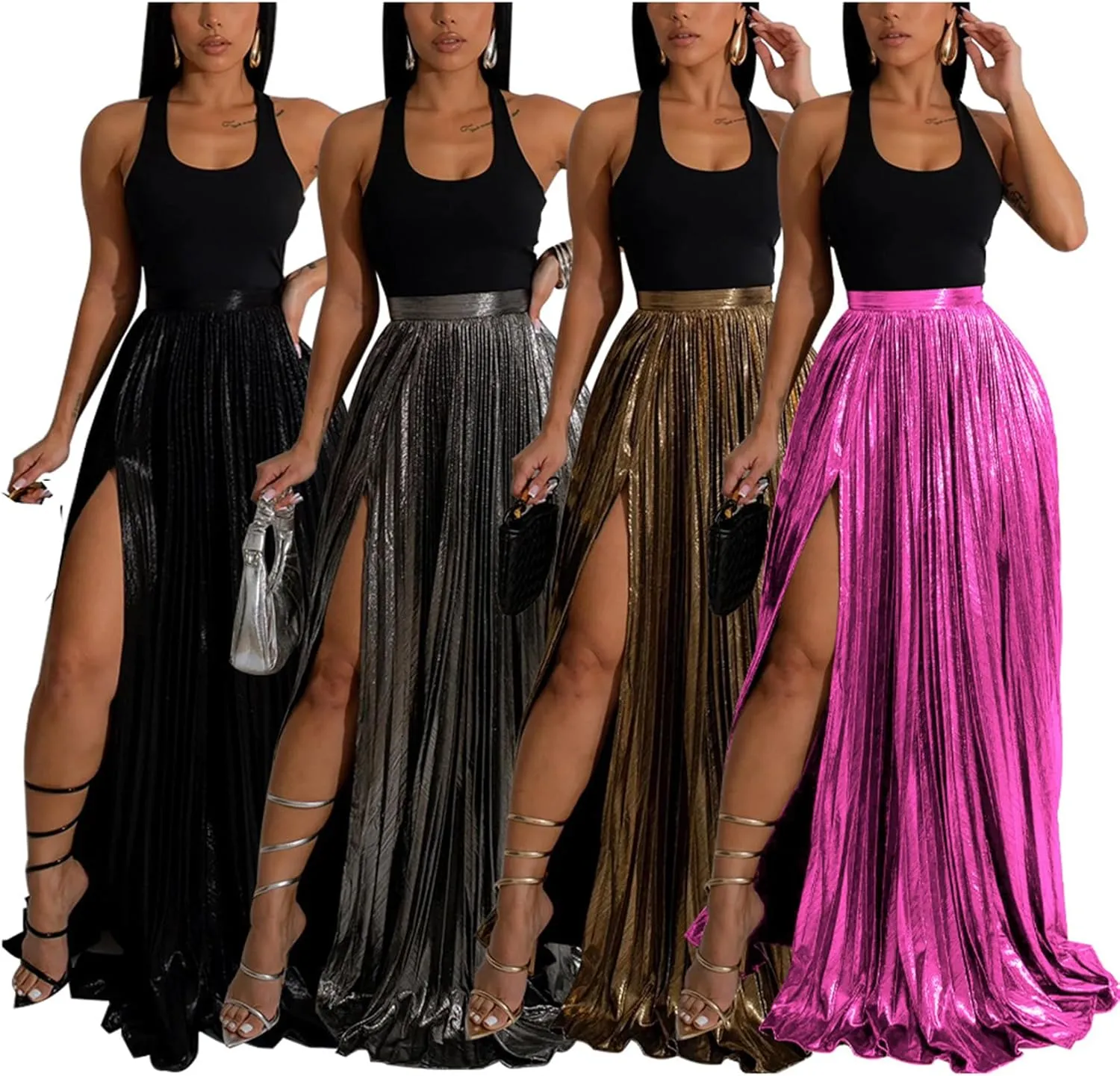 Bluewolfsea Women Long Skirts Sexy High Split High Waist Pleated A Line Swing Maxi Skirt Glitter Party Club Skirts